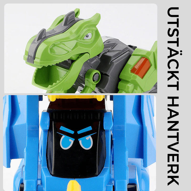 Transformabel leksaksbil i dinosaurieform, färgglad design. Perfekt för barn, inspirerar kreativitet och lek.