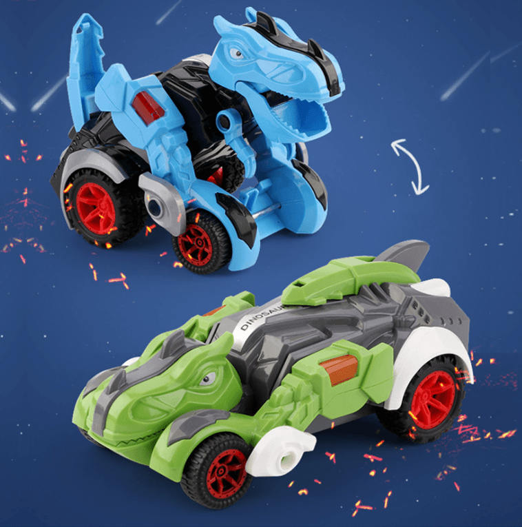 Transformabel leksaksbil i dinosaurieform, färgglad design. Perfekt för barn, inspirerar kreativitet och lek.