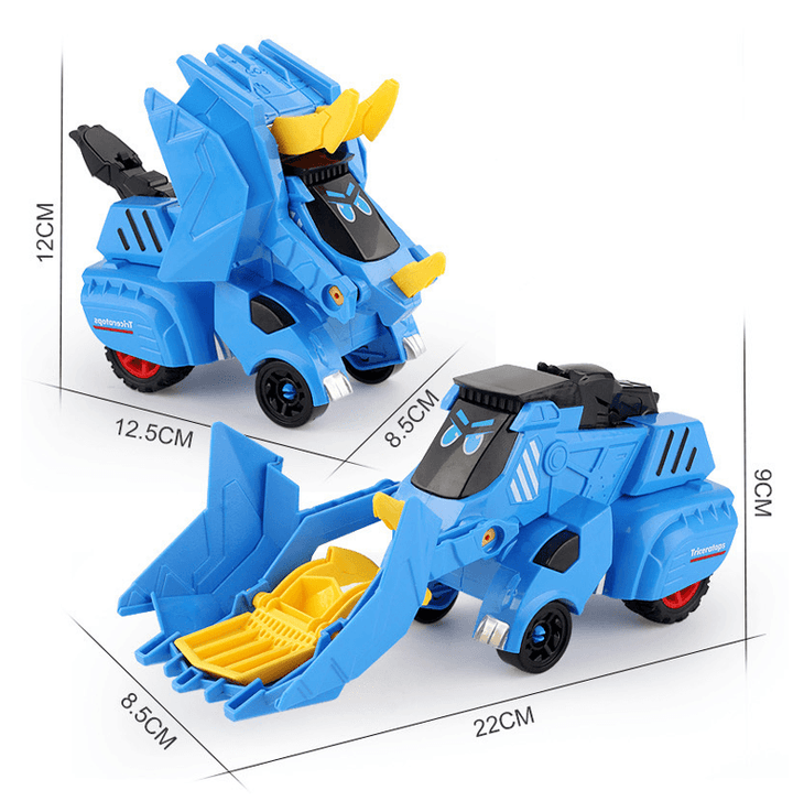 Transformabel leksaksbil i dinosaurieform, färgglad design. Perfekt för barn, inspirerar kreativitet och lek.