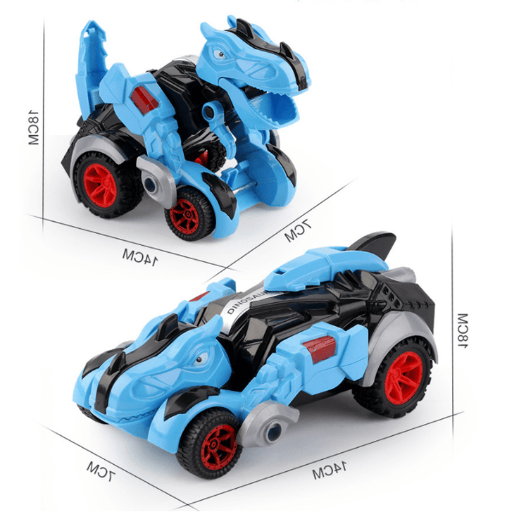 Transformabel leksaksbil i dinosaurieform, färgglad design. Perfekt för barn, inspirerar kreativitet och lek.