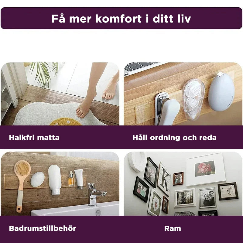 "Transparent återanvändbar dubbelhäftande tejp för släta ytor, idealisk för hem och hobbyprojekt inom DIY."