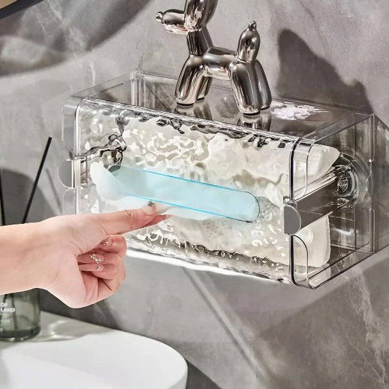 "Transparent glaciärmönstrad vävnadsbox, elegant och praktisk för hemmet, passar olika pappersstorlekar."