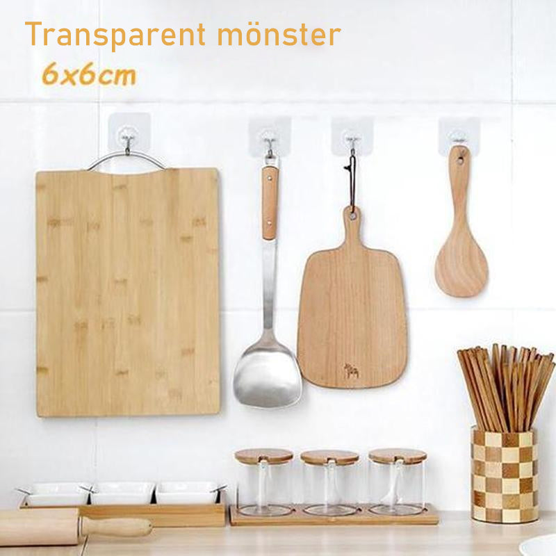 "Transparent självhäftande krok i rostfritt stål och PVC, hög lastkapacitet, diskret design, passar varje inredning."