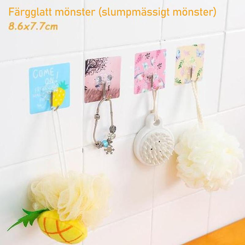 "Transparent självhäftande krok i rostfritt stål och PVC, hög lastkapacitet, diskret design, passar varje inredning."