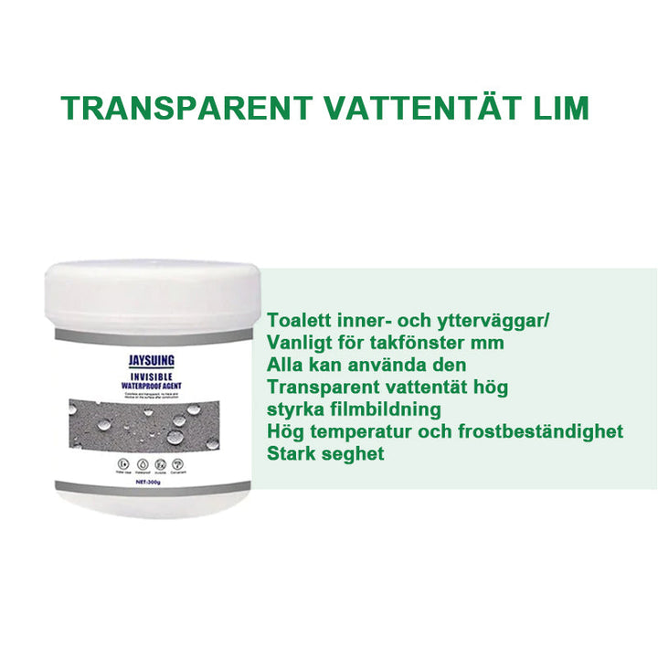 "Transparent vattentätt beläggningsmedel, applicerat på olika ytor som kakel och trä. Ger skydd mot vatten och UV."