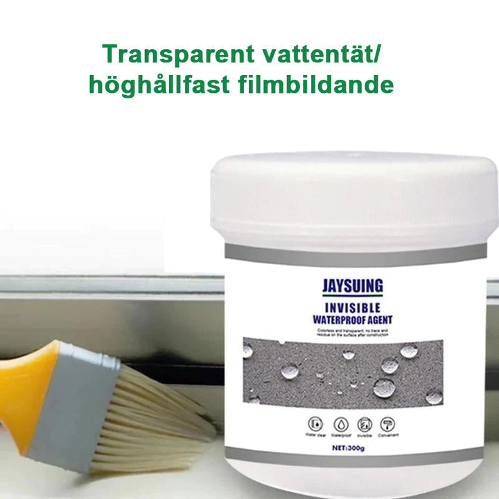 "Transparent vattentätt beläggningsmedel, applicerat på olika ytor som kakel och trä. Ger skydd mot vatten och UV."