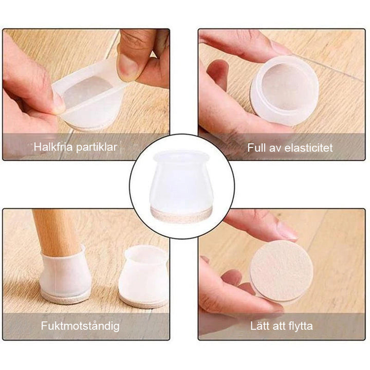 Transparenta silikon möbeltassar i 4-pack, skyddar golv mot repor, osynligt smälter in i heminredning.
