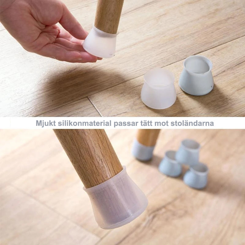 Transparenta silikon möbeltassar i 4-pack, skyddar golv mot repor, osynligt smälter in i heminredning.