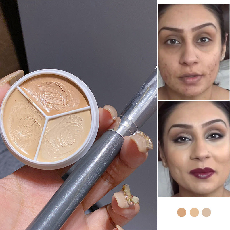 "Tri-Färg Concealer Palett med tre nyanser för alla hudtoner, kompakt design, visar mjuk och krämig textur."
