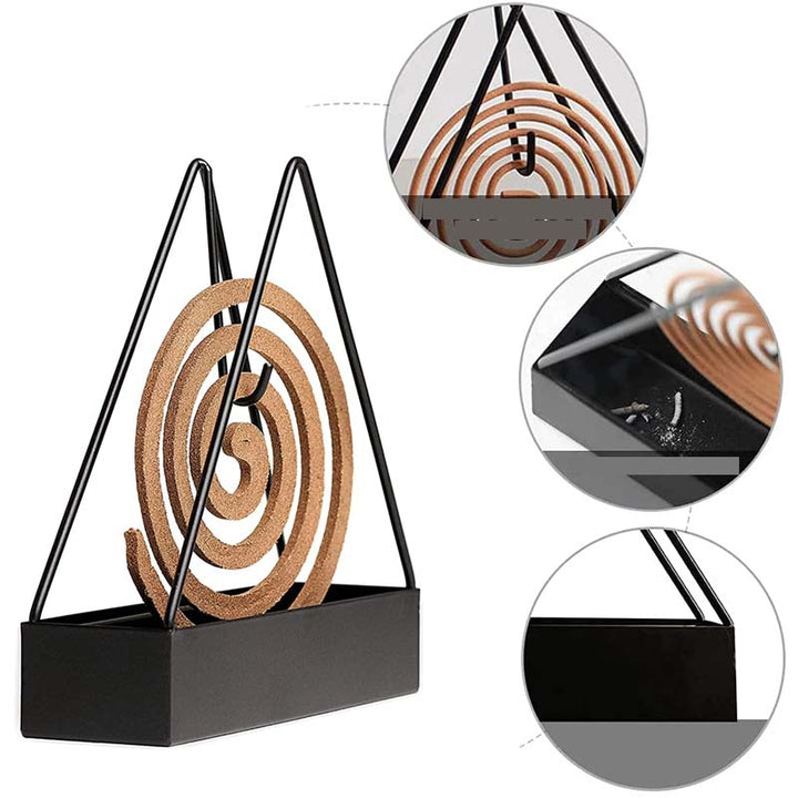 "Triangulärt myggspiralställ i svart järn, elegant och stabil design för inomhus och utomhus bruk, 15.5×15×4.5 cm."