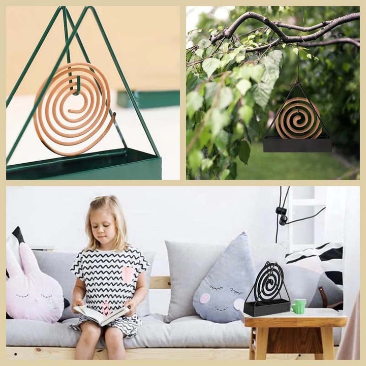 "Triangulärt myggspiralställ i svart järn, elegant och stabil design för inomhus och utomhus bruk, 15.5×15×4.5 cm."