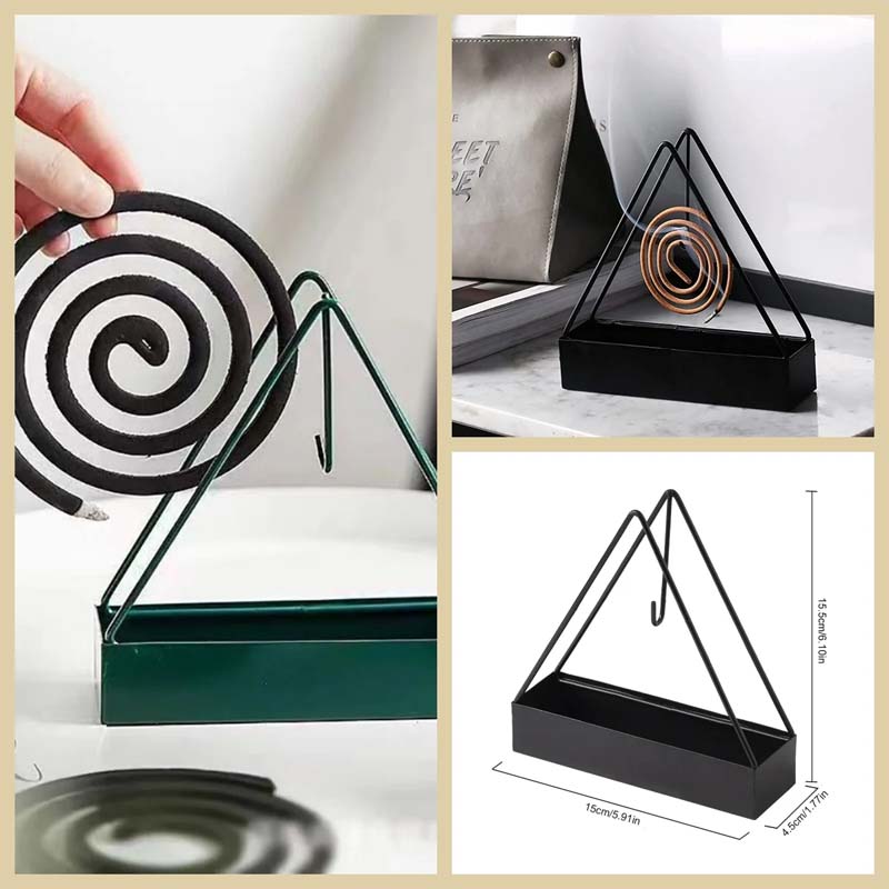 "Triangulärt myggspiralställ i svart järn, elegant och stabil design för inomhus och utomhus bruk, 15.5×15×4.5 cm."