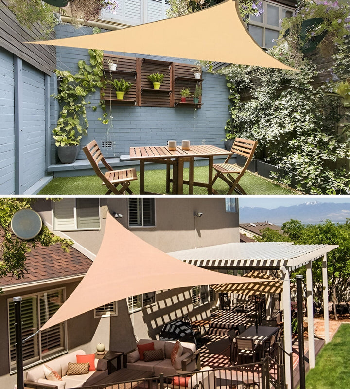 "Triangulärt solsegel med UV-skydd och vattentålig design i beige, perfekt för trädgård eller terrass."