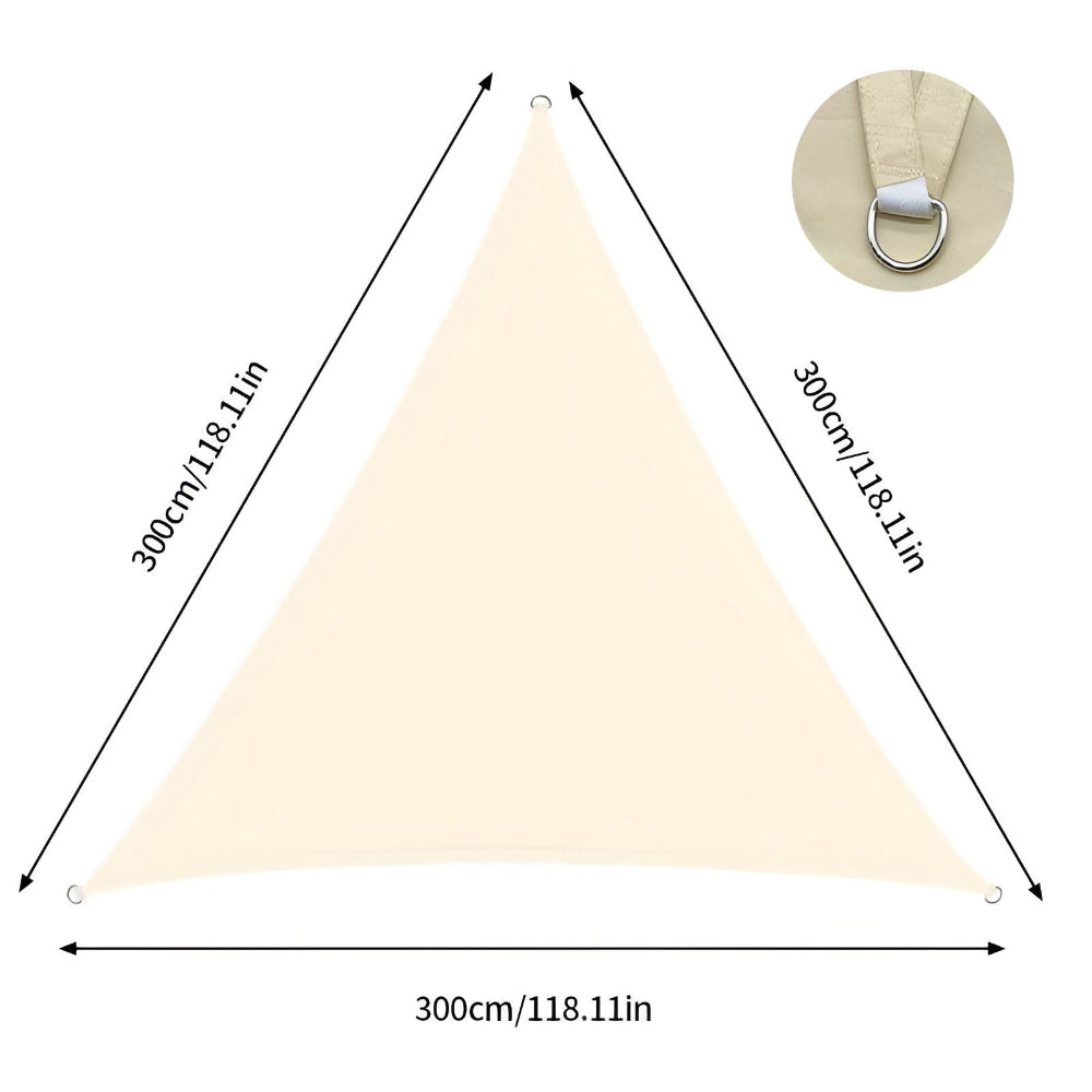 "Triangulärt solsegel med UV-skydd och vattentålig design i beige, perfekt för trädgård eller terrass."