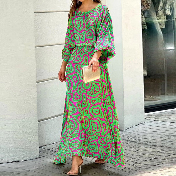 "Tryckt dams maxi puffärm klänning, framifrån, elegant för vår/sommarfester, rundad urringning och hög midja."