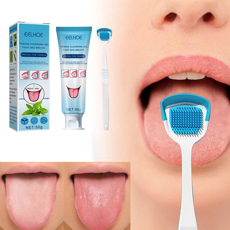 "Tungrengöringsgelset för fräsch andedräkt, inkluderar en gel i transparent tub, främjar optimal munhygien."