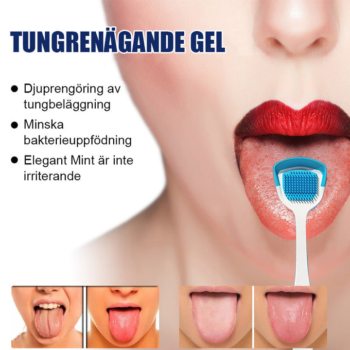 "Tungrengöringsgelset för fräsch andedräkt, inkluderar en gel i transparent tub, främjar optimal munhygien."