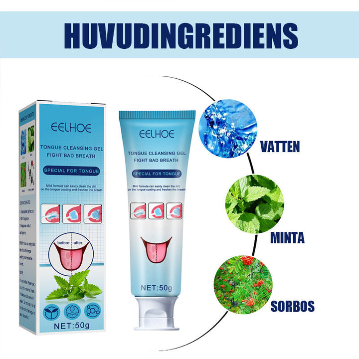 "Tungrengöringsgelset för fräsch andedräkt, inkluderar en gel i transparent tub, främjar optimal munhygien."