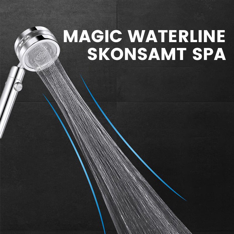 "Turbo-flow duschmunstycke i rostfritt stål, spegelyta, justerbar spray, elegant design för modern duschupplevelse."