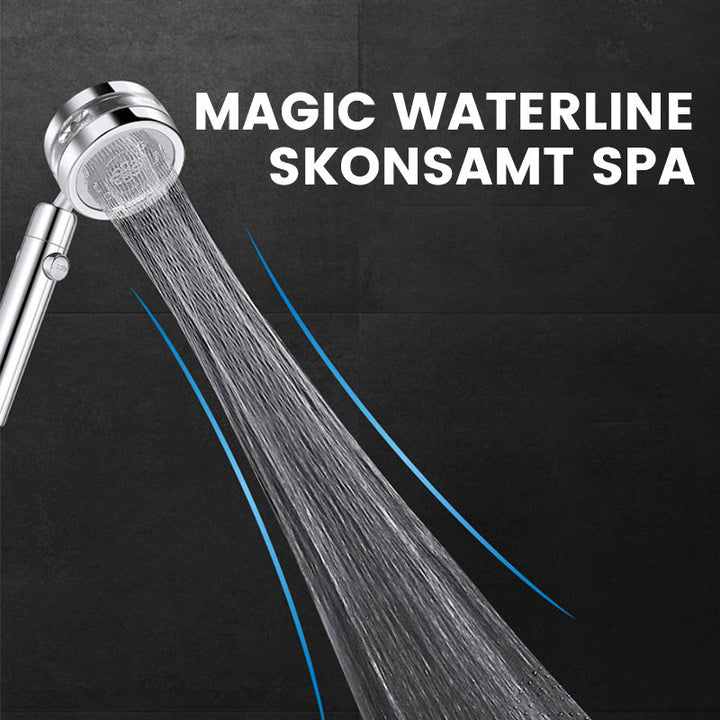 "Turbo-flow duschmunstycke i rostfritt stål, spegelyta, justerbar spray, elegant design för modern duschupplevelse."