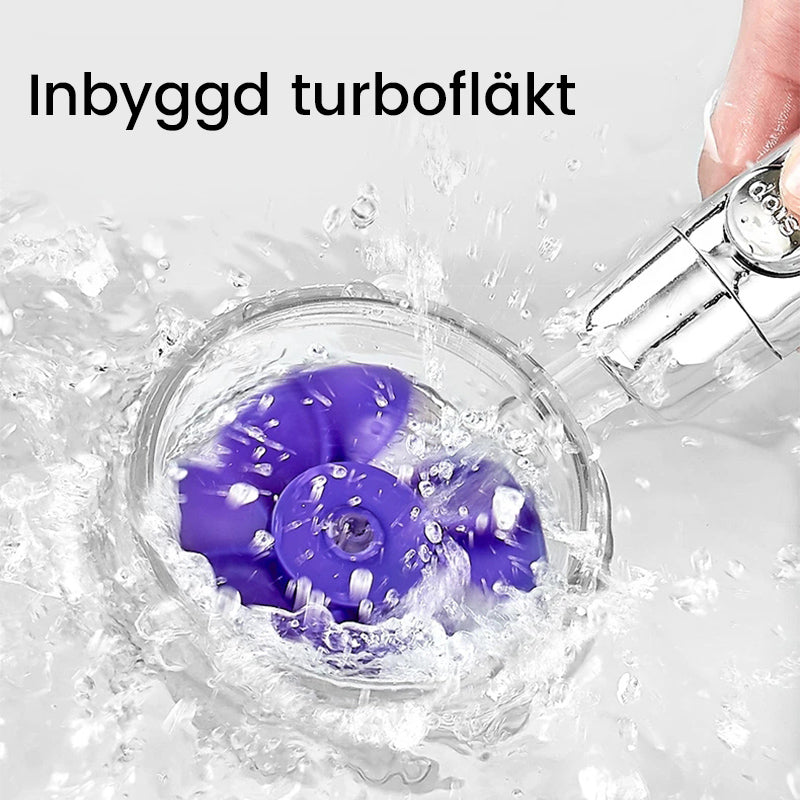 "Turbo-flow duschmunstycke i rostfritt stål, spegelyta, justerbar spray, elegant design för modern duschupplevelse."