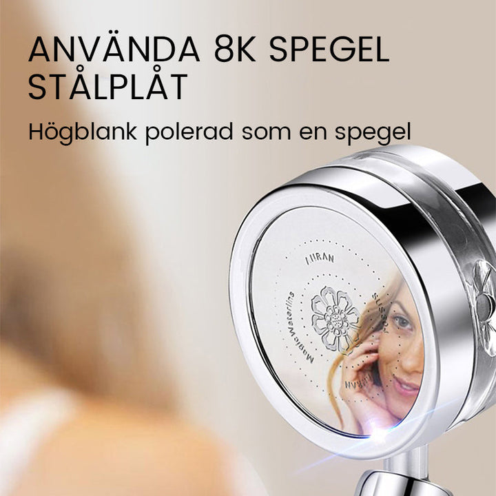 "Turbo-flow duschmunstycke i rostfritt stål, spegelyta, justerbar spray, elegant design för modern duschupplevelse."