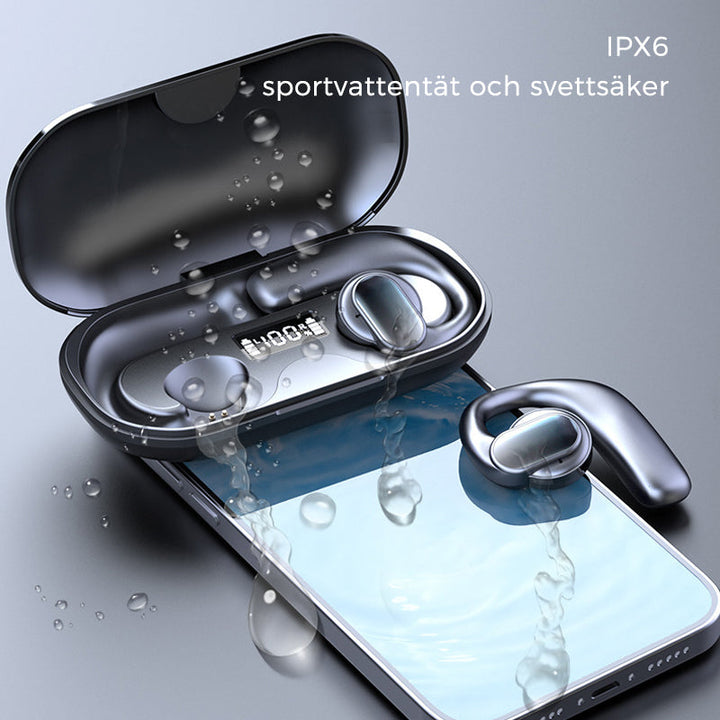 "TWS trådlösa benledning öronsnäckor med ergonomiska öronkrokar för säker passform och öppen örondesign, perfekt för sport."