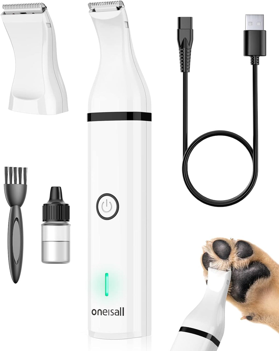 "Tyst trådlös tass-trimmer för hundar, ergonomisk design, ljudlös klippning, säker och bekväm för känsliga tassar."