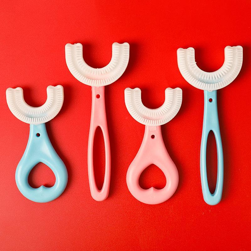 "U-formad 360° barn tandborste i silikon för komplett rengöring, rosa färg, ergonomisk design för barn 0-12 år"