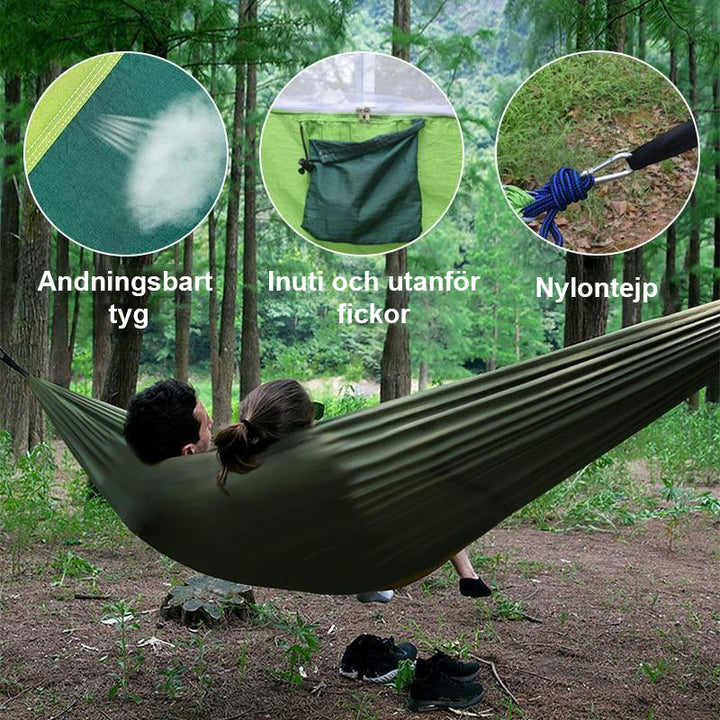 "Ultralätt myggnäthängmatta, grön nylon, perfekt för camping och utomhusaktiviteter, med inbyggt insektsskydd."