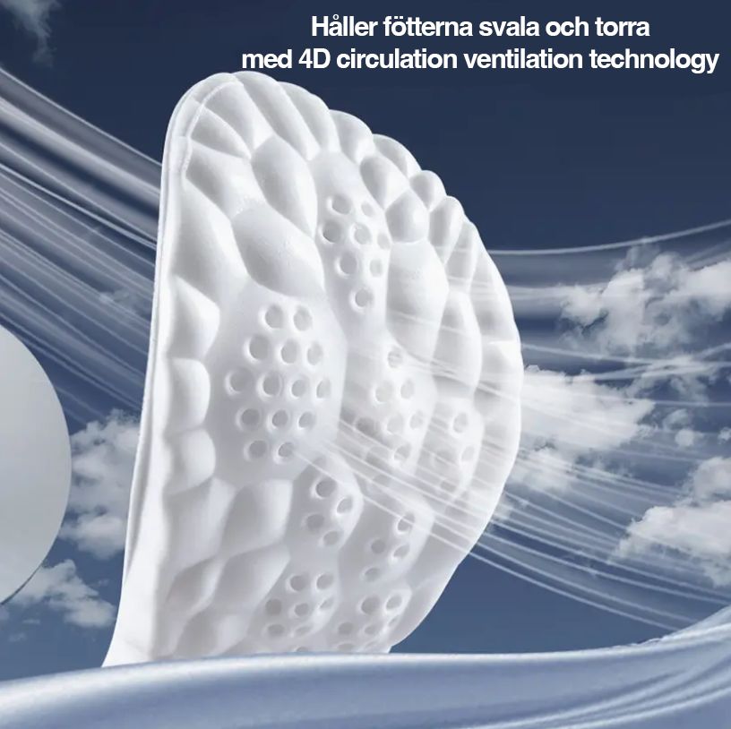 "Ultralätta stötdämpande minnesskum skoinlägg, anpassar fotens form, optimal komfort, svala och ventilerade sulor."