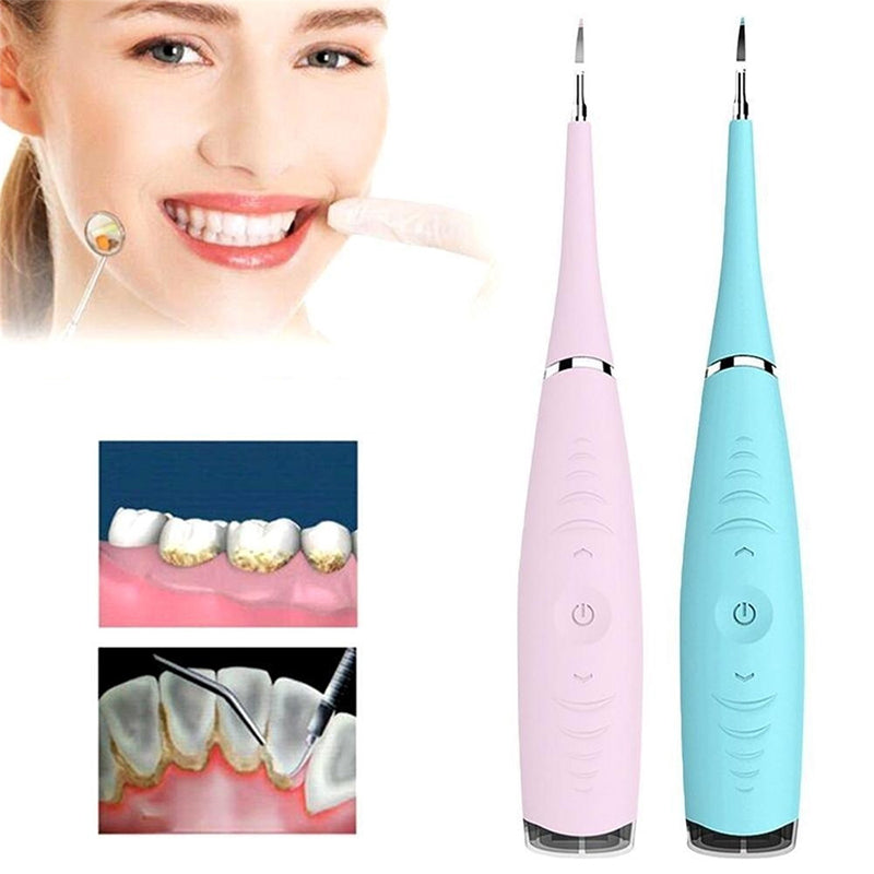 "Ultraljud tandrengörare i rosa och blått med silikonhandtag och olika rengöringslägen, perfekt för hälsovård."