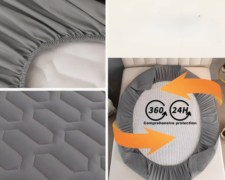 "Ultramjukt och vattentätt madrasskydd med monokrom design, stretchiga kanter, finns i flera färger och storlekar."