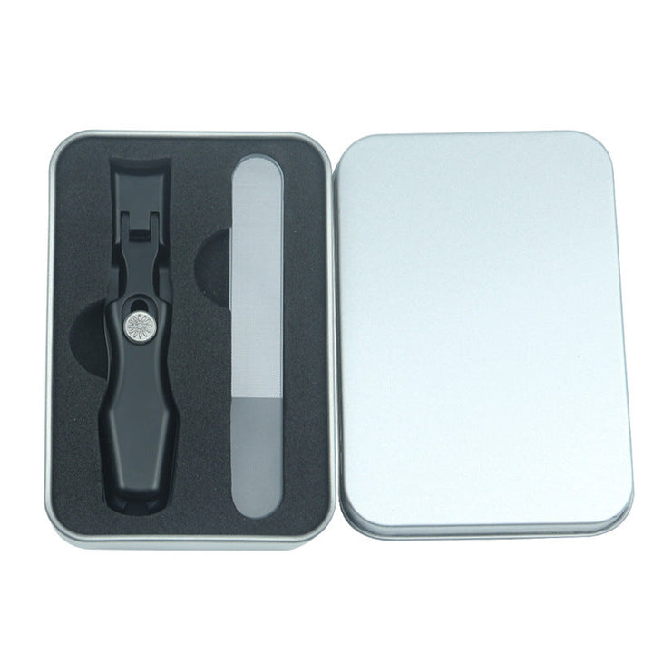 "Ultraskarp nagelklippare i rostfritt stål med modern design, effektiv för tjocka naglar, svart och silverfärg, 9x1.6 cm."