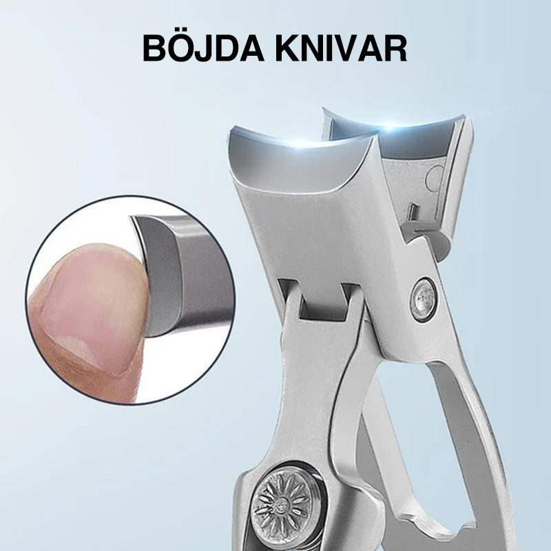 "Ultraskarp nagelklippare i rostfritt stål med modern design, effektiv för tjocka naglar, svart och silverfärg, 9x1.6 cm."