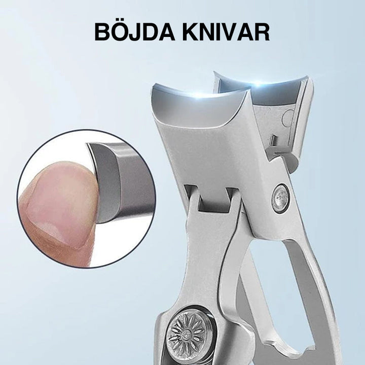 "Ultraskarp nagelklippare i rostfritt stål med modern design, effektiv för tjocka naglar, svart och silverfärg, 9x1.6 cm."
