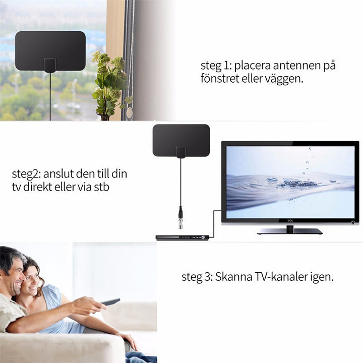 "Ultratunn digital HDTV-antenn för 4K-TV, lång räckvidd, svart och diskret design, enkel installation för fria TV-kanaler."