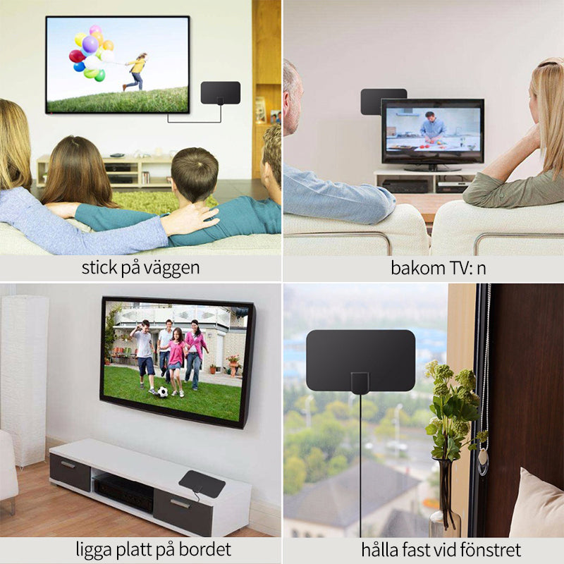 "Ultratunn digital HDTV-antenn för 4K-TV, lång räckvidd, svart och diskret design, enkel installation för fria TV-kanaler."