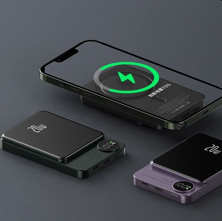"Ultratunn magnetisk powerbank i grått, grönt och lila med trådlös snabbladdning och LED-display för batterikoll."