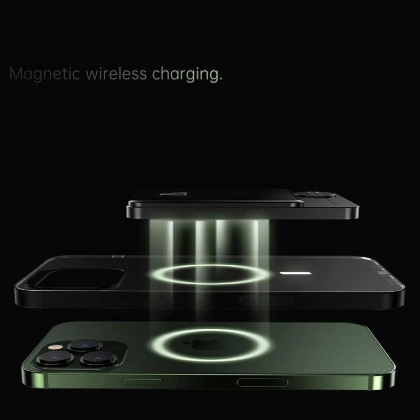 "Ultratunn magnetisk powerbank i grått, grönt och lila med trådlös snabbladdning och LED-display för batterikoll."