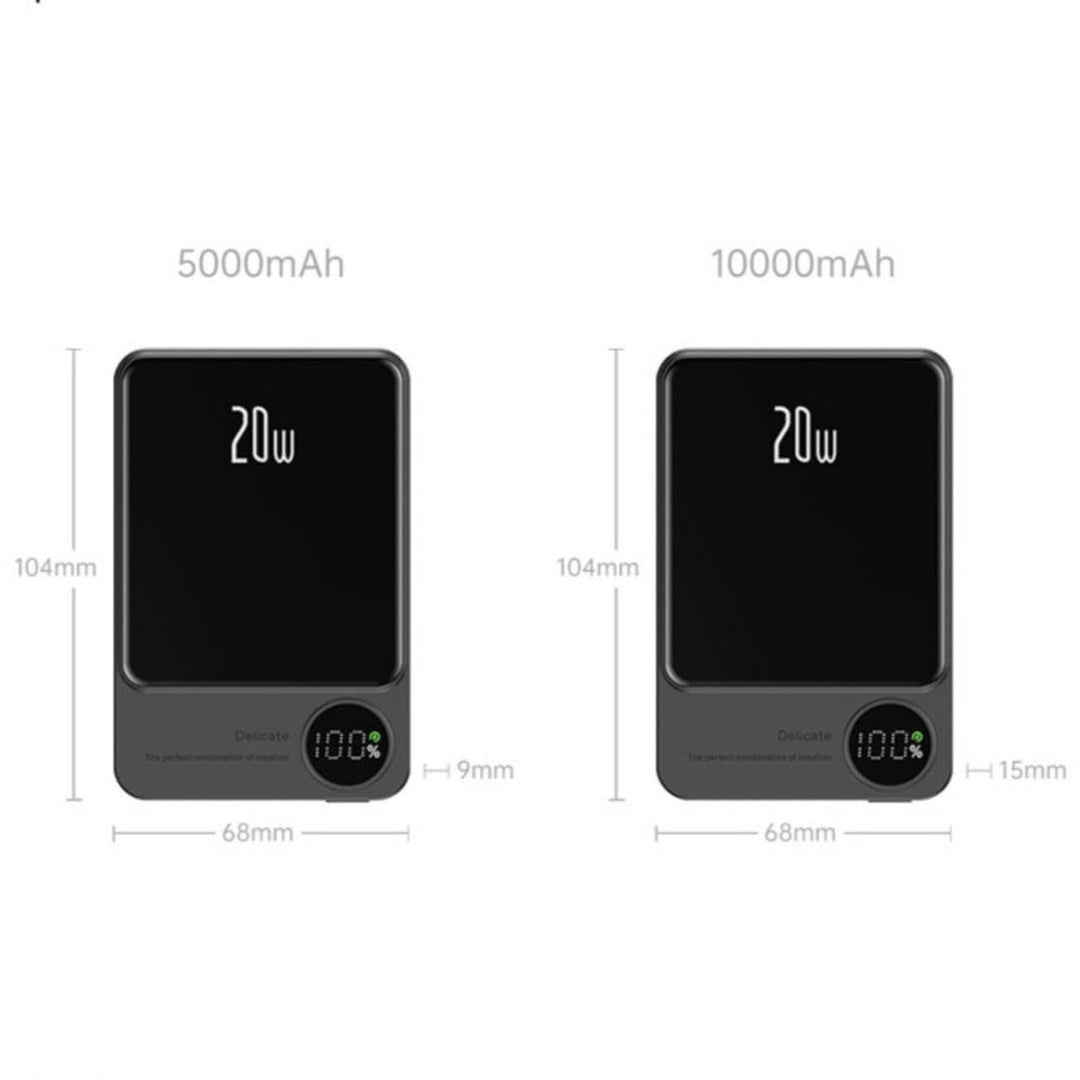 "Ultratunn magnetisk powerbank i grått, grönt och lila med trådlös snabbladdning och LED-display för batterikoll."