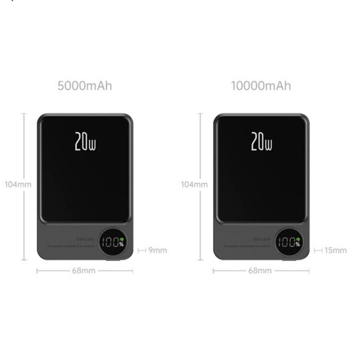 "Ultratunn magnetisk powerbank i grått, grönt och lila med trådlös snabbladdning och LED-display för batterikoll."