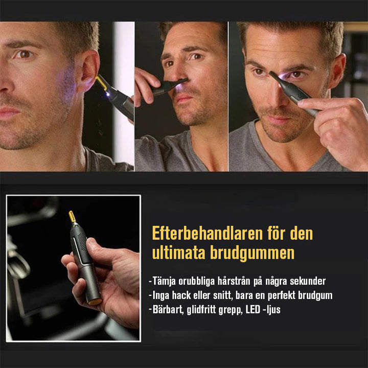 "Ultratunn precisionstrimmer med rostfria stålblad och grått grepp, optimerad för personlig hälsovård, sladdlös och portabel.