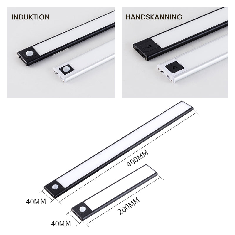 "Ultratunt trådlöst sensorljus, slimmat och stilrent, aktiveras av rörelse för mjuk belysning i mörka utrymmen."