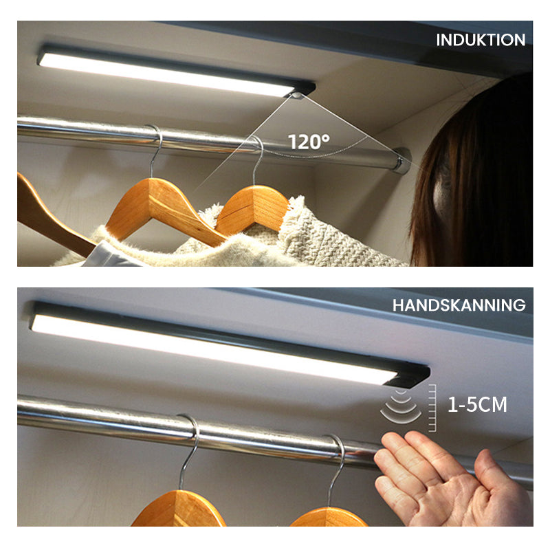 "Ultratunt trådlöst sensorljus, slimmat och stilrent, aktiveras av rörelse för mjuk belysning i mörka utrymmen."