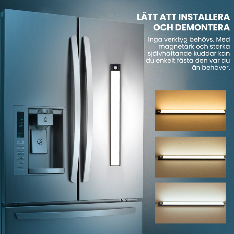 "Ultratunt trådlöst sensorljus, slimmat och stilrent, aktiveras av rörelse för mjuk belysning i mörka utrymmen."