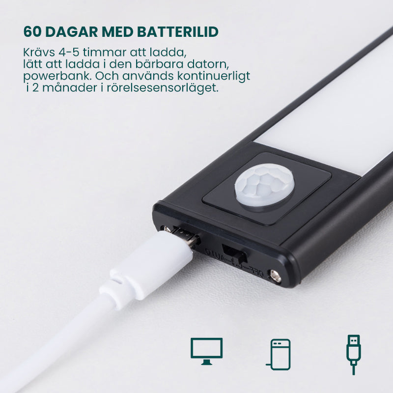 "Ultratunt trådlöst sensorljus, slimmat och stilrent, aktiveras av rörelse för mjuk belysning i mörka utrymmen."