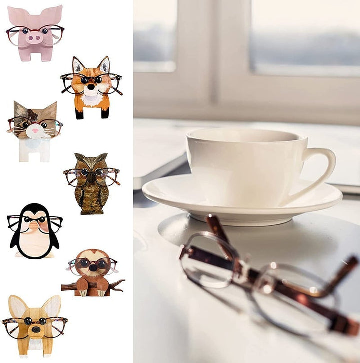 "Unikt trä glasögonställ med djurdesign som corgi och katt, perfekt för hemmet. Dekorativ och funktionell inredningsdetalj."