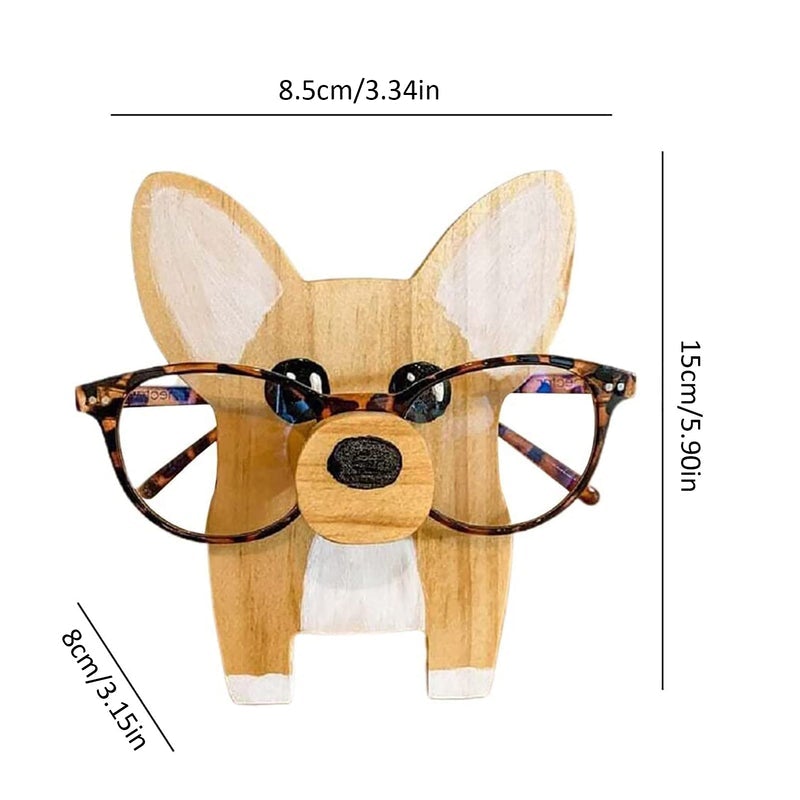 "Unikt trä glasögonställ med djurdesign som corgi och katt, perfekt för hemmet. Dekorativ och funktionell inredningsdetalj."