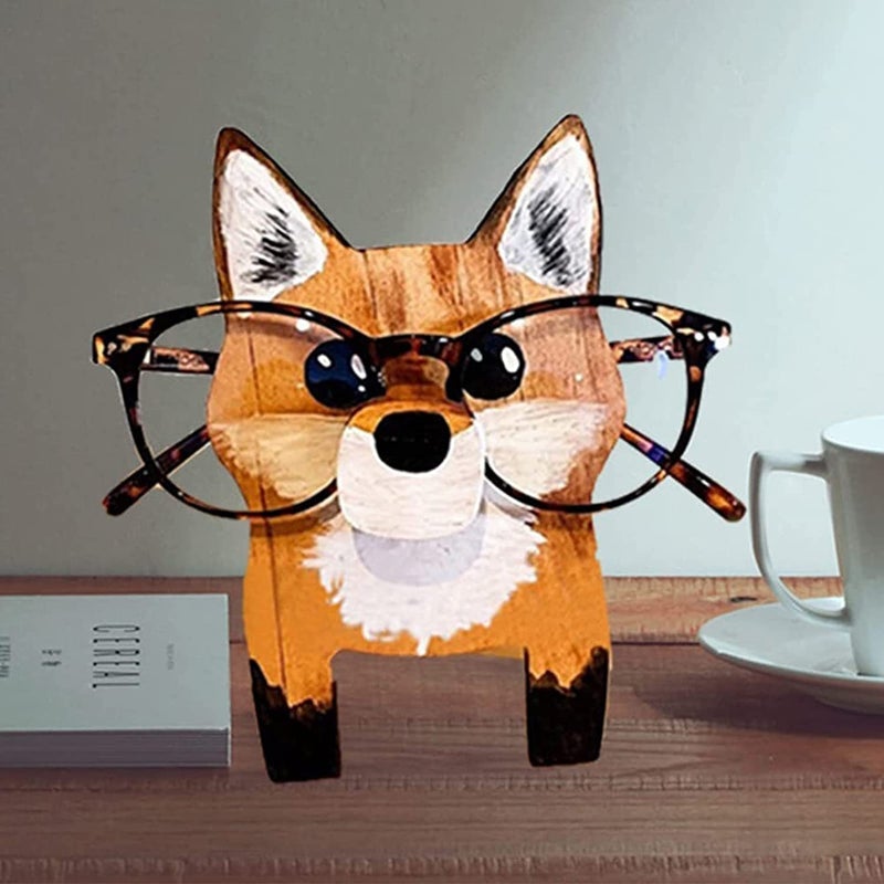 "Unikt trä glasögonställ med djurdesign som corgi och katt, perfekt för hemmet. Dekorativ och funktionell inredningsdetalj."